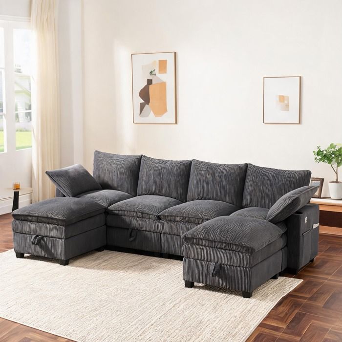 Canapé d’angle modulable en velours côtelé cool gray avec coffres de rangement ports USB et porte-verres L 280 cm