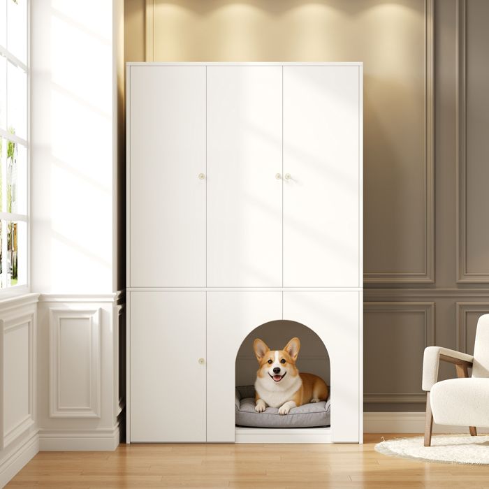 Armoire penderie enfant 120x50x200 cm 3 portes grande capacité avec tringle étagères et niche animal chambre MDF blanc