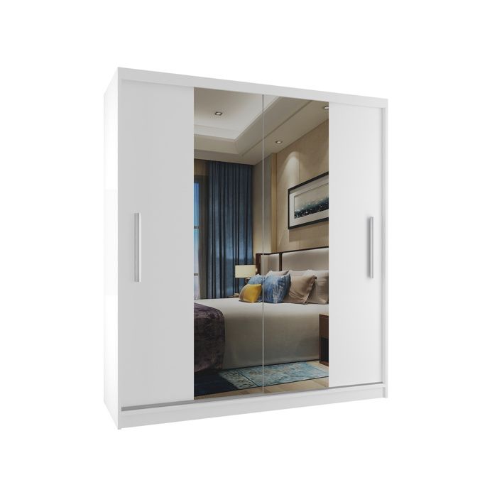 BELINI Grande Armoire 2 Portes Coulissantes VERONA ME 133 cm - Blanc Mat - Miroir Intégré & Tringle - Chambre Adulte