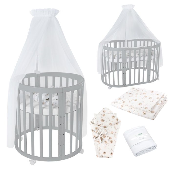 Waldin Lit Bébé Ovale 7en1 Évolutif Matelas - Gris - Ensemble Pissenlit Blanc inclus