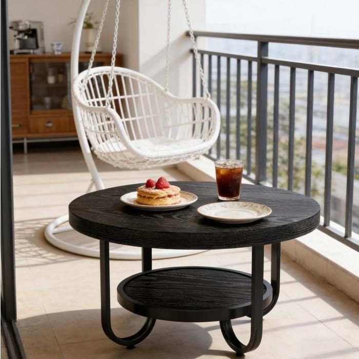 WOVREO Table basse ronde 2 niveaux 79 8 cm avec étagère inférieure MDF et métal noir