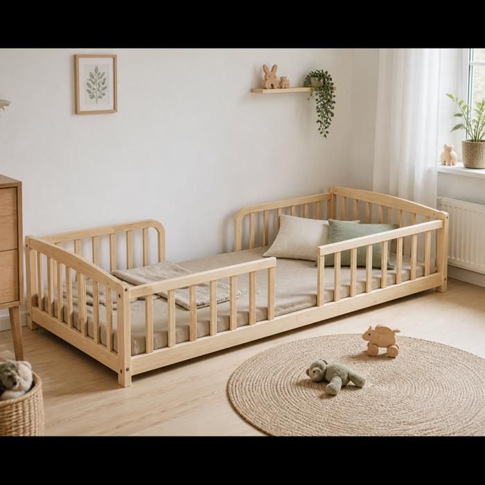Lit enfant 90x200 cm en pin massif avec garde-corps et entrée centrale naturel
