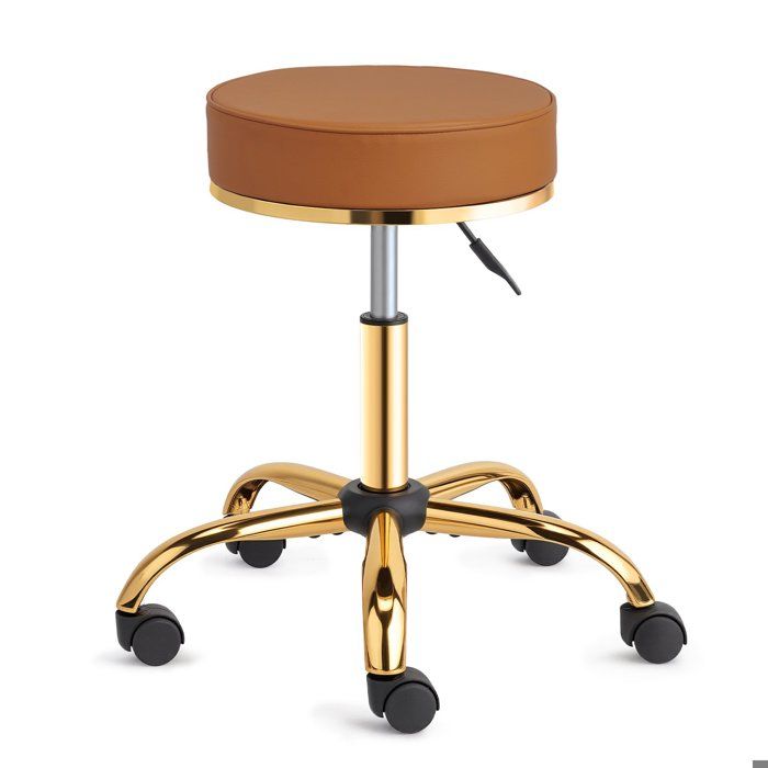 Tabouret roulettes Professionnel VINGLI Tabouret de Bureau Rotation à 360° Hauteur Réglable 48-63 cm PU Marron + Or