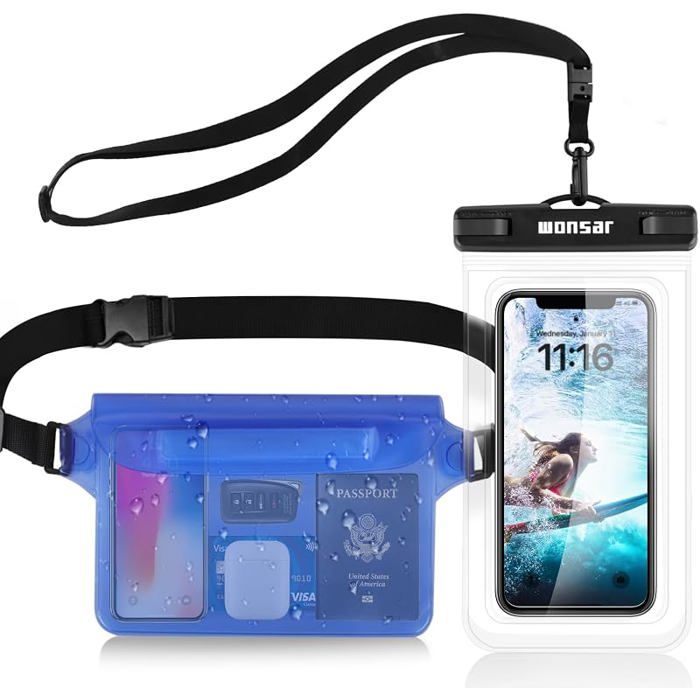Sac Étanche pour Smartphone IPX8Pochette Imperméable avec Housse pour NatationRaftingKayakCamping Bleu+Transparent