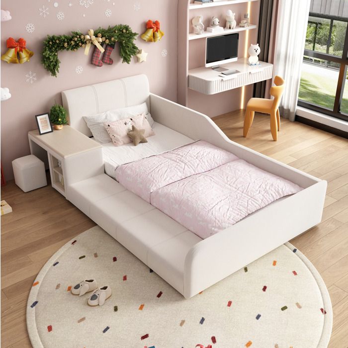 WOVREO Lit combiné enfant 90x200 cm avec bureau tabouret et étagère de rangement velours blanc