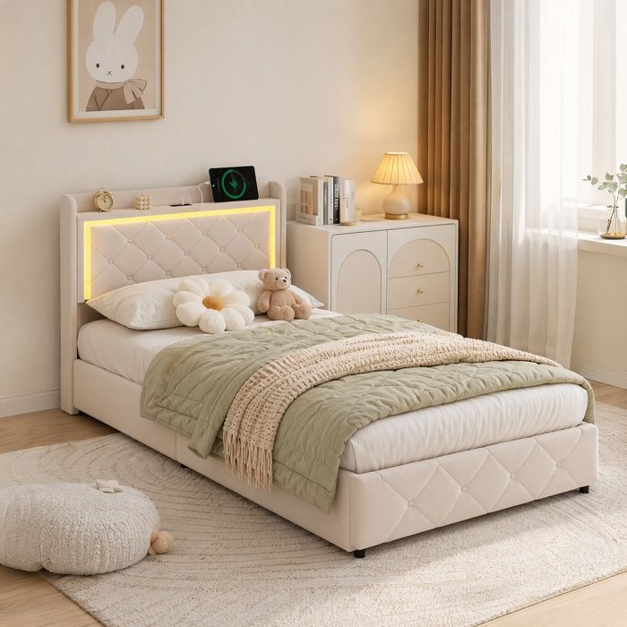 Lit simple rembourrée 90x200 avec LED et USB Lit coffre avec sommier à lattes Lit un place pour enfant adulte ado Velours Beige