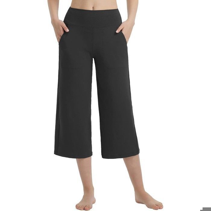 Pantalon Capri Yoga Femme Large avec Poches Confortable Noir M