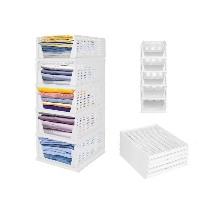 90cm Boîte de rangement pliable et empilable 5X Organisateurs tiroirs pour vêtements tiroirs casiers et penderie Étagère Blanc