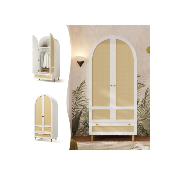 Armoire de chambre 80×50×180 cm design arche effet rotin 2 portes battantes 1 tiroir - HAVRYA - sans matelas MDF blanc