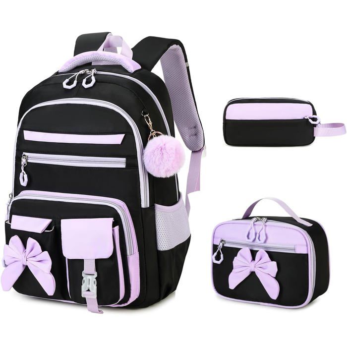 XJYDNCG 3Pcs Cartable Fille PrimaireSac à Dos EnfantEnsemble Sac Scolaire Multi‑compartiments Noeud - Noir Violet