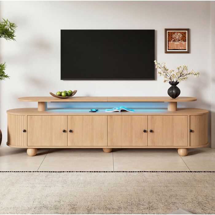 Meuble TV Ovale Double Niveau 4 Portes et 2 Portes Coulissantes LED - YEAVIO - Salon 180×40×48 cm