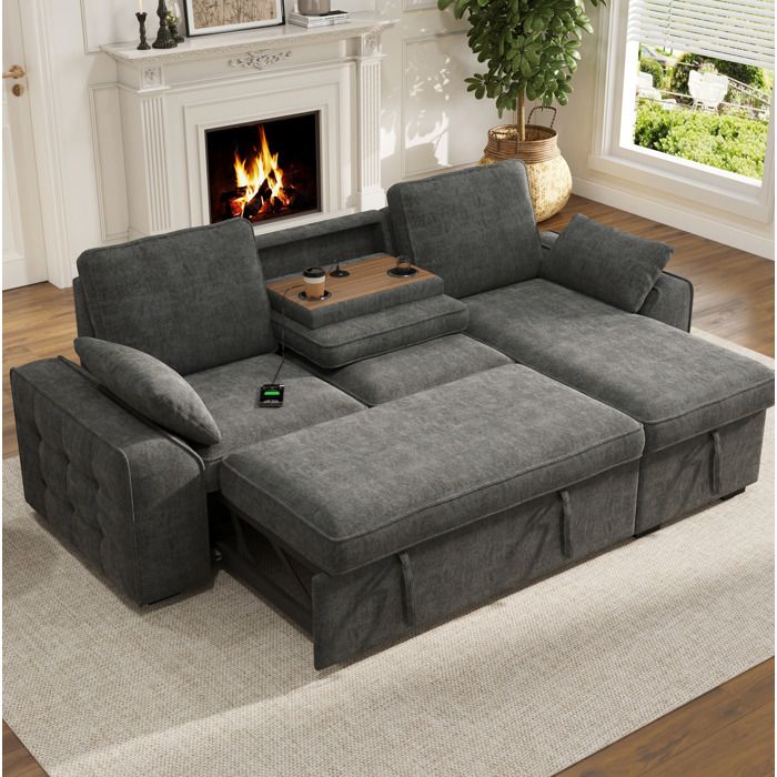 Canapé d’angle convertible 3 places AESVAR coffre de rangement chenille gris 237 x 141 x 86 cm