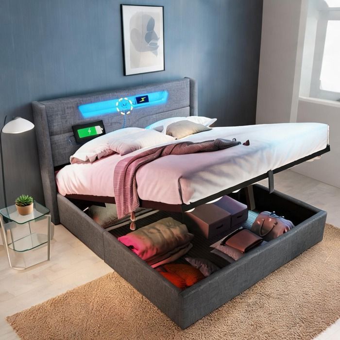Lit double 160x200 cm en lin gris avec éclairage LED ports USB-C/USB et coffre de rangement