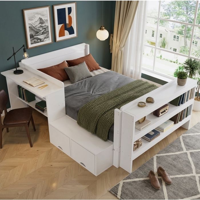 Lit Combiné avec Bureau Intégré Compartiment Relevable et Étagères - UVRION - en Bois Blanc 120 × 200 cm