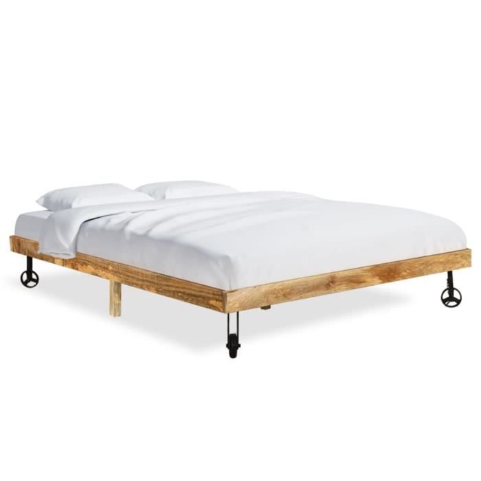 cadre de lit double scandinave en bois massif de manguier 180 x 200 cm - industriel - loft - avec roues en acier