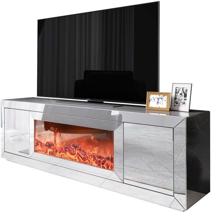 Meuble tv design avec cheminée artificiel integré en miroir clair