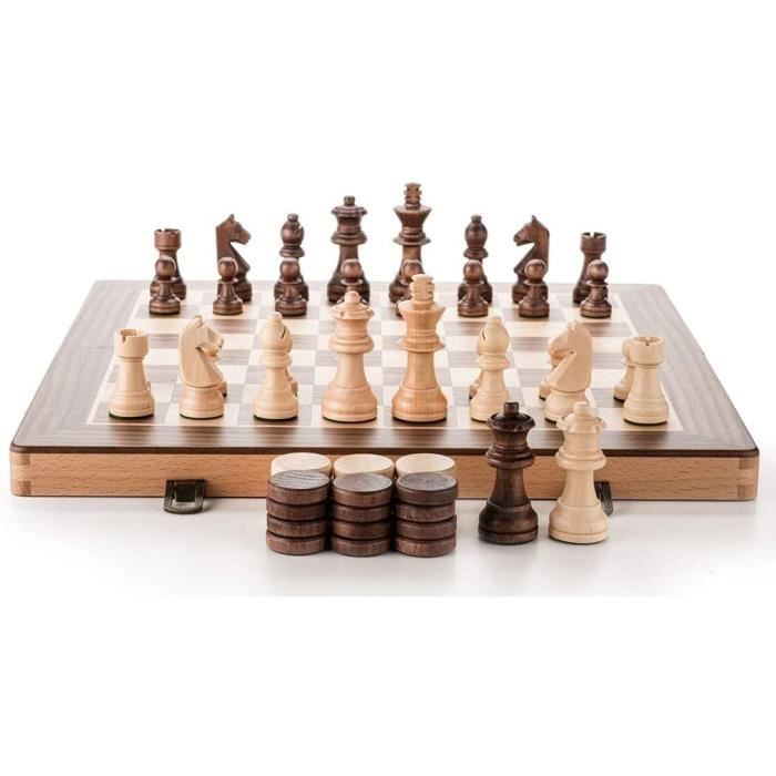 Jeu D’Échecs En Bois Pliable 38 Cm – Pièces Staunton 7,6 Cm – 2 Dames Supplémentaires – Jeu 2 En 1