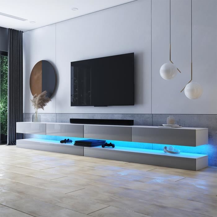 Sweiko Meuble TV Suspendu Moderne Avec LED - Console Média Flottante 180x40 Cm - Blanc Et Gris - Storage Pour Salon