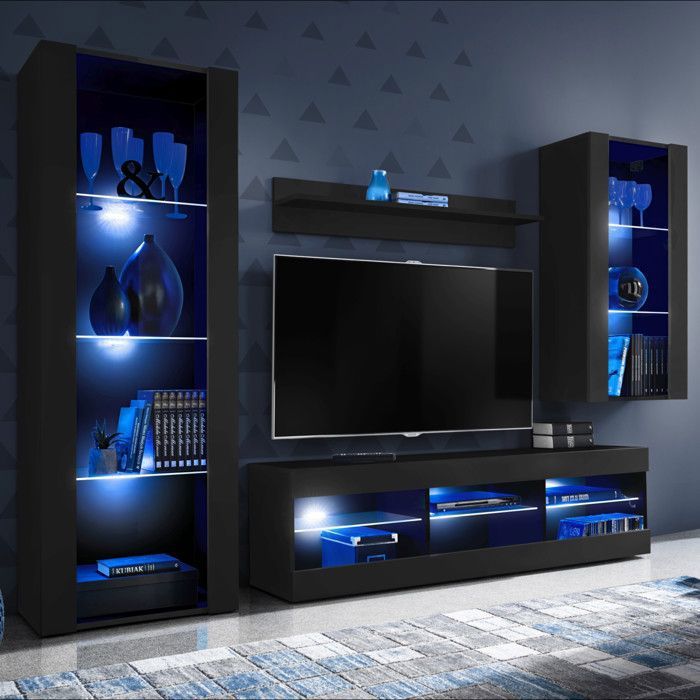 Meuble TV Tivoli Set Medio Komodee - LED bleues - Noir Mat ET Noir - Facades en Mat - 195x159x35 cm Meuble TV Tivoli Set Medio Komodee - LED bleues - Noir Mat ET Noir - Facades en Mat - 195x159x35 cm