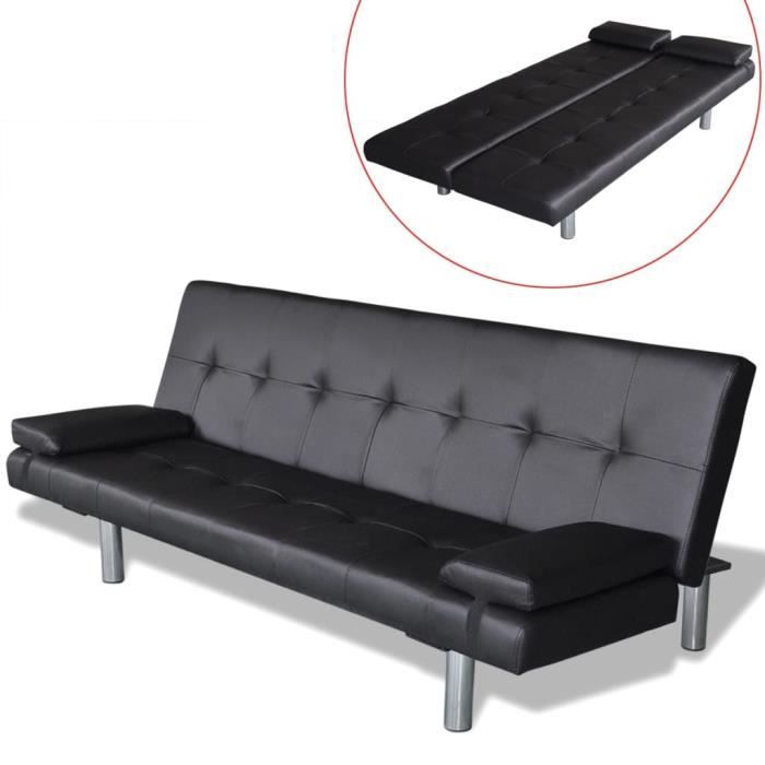 top confort | canapé relax | canapé-lit banquette clic-clac réglable avec 2 oreillers | divan - sofa | cuir synthétique noir flo5540