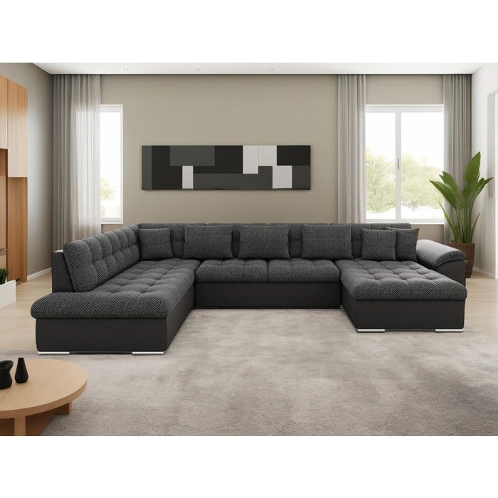 Chuck - canapé panoramique dangle gauche XXL - convertible avec coffre - 7 places - Noir / Gris