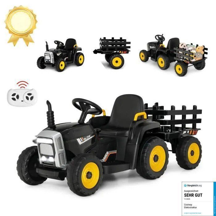 COSTWAY 12V Tracteur Électrique Enfants à 6 Pneus - Pelle Remorque Amovible LED Musique - Télécommande 24G 3-6km/h Noir