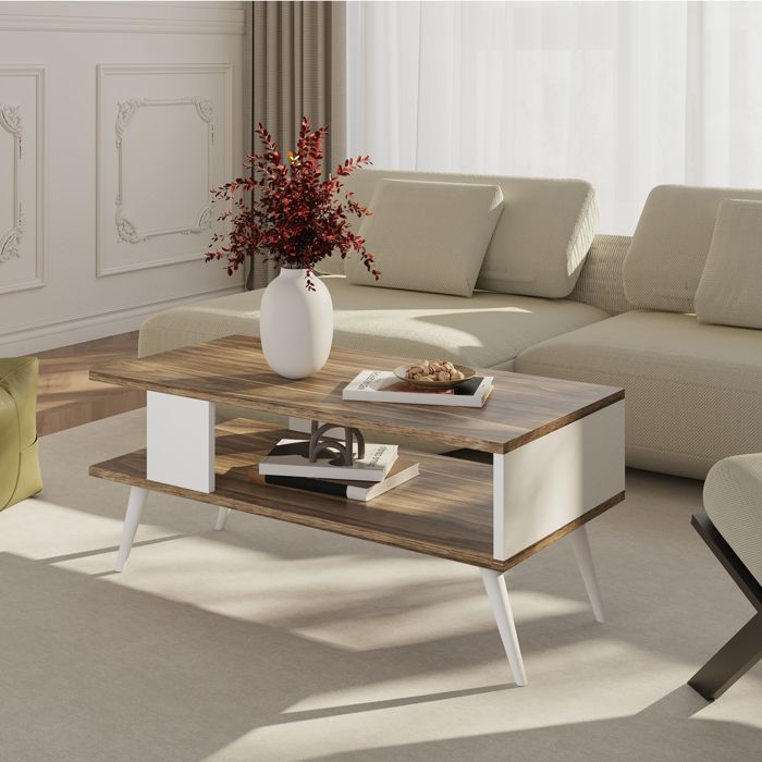 Table basse Lycksele avec espace de rangement 40 x 90 x 45 cm effet noyer- blanc [en.casa]