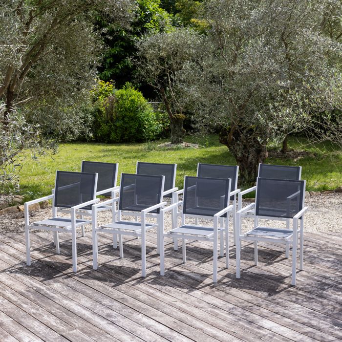 Lot de 8 chaises en aluminium blanc - textilène gris Lot de 8 chaises en aluminium blanc - textilène gris