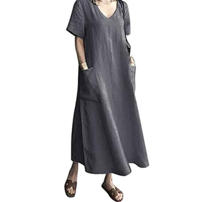 Robe VNeck Cotton Linen Dress Casual Short Sleeve Long Dresses Summer