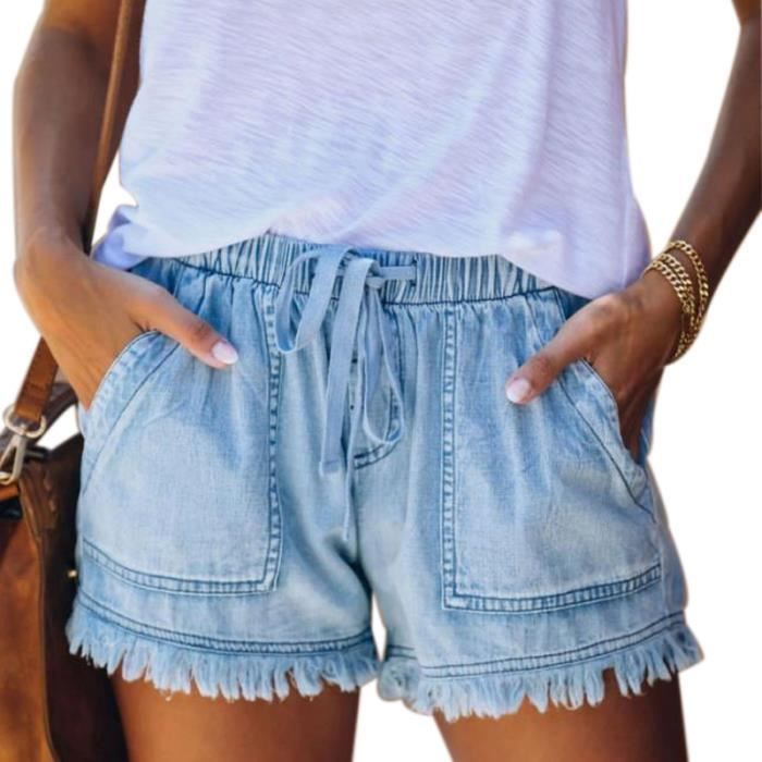 Short Femme,Taille Haute Short Femme En Jean avec Grande Poche, Taille élastique Short Femme à Ourlet Effiloché-Bleu Clair