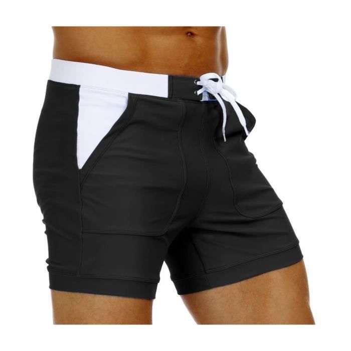 Boxer De Bain Pour Homme Short De Bain Avec Poches, Taille Élastique Et Cordon De Serrage Style Sportif Coupe Près Du Corps Noir,XXL