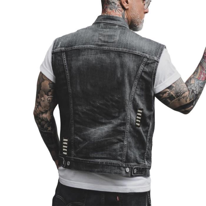 ORANDESIGNE Gilet En Jean Homme Sans Manches Vintage Délavé - Veste Moto Punk Graffiti