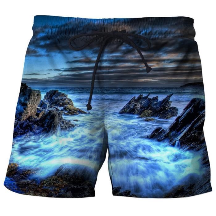 Short De Bain Homme Imprimé Uni - 95% Coton - Séchage Rapide - Avec Filet Interne - Taille élastique Avec Cordon - 4