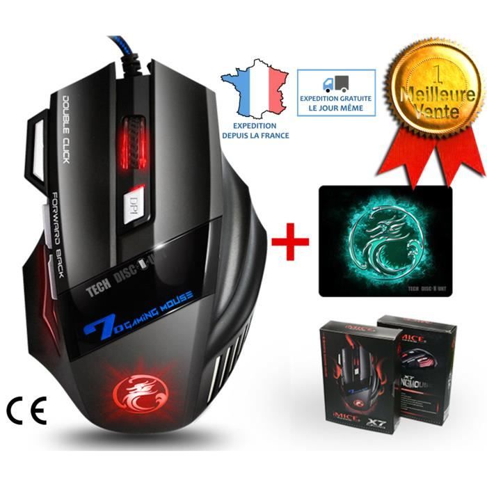 TD® Souris ordinateur Optique Filaire Gamer LED Jeu 7 Boutons Professionnel Gaming Mouse USB Haute Précision Réglable + cadeau tapis