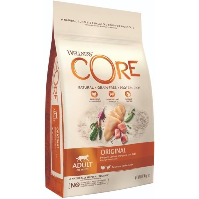 Meilleurs prix pour Croquettes pour Chat - WELLNESS CORE - Original - 4 kg - Naturelles - Sans Céréales - Riche en Protéines