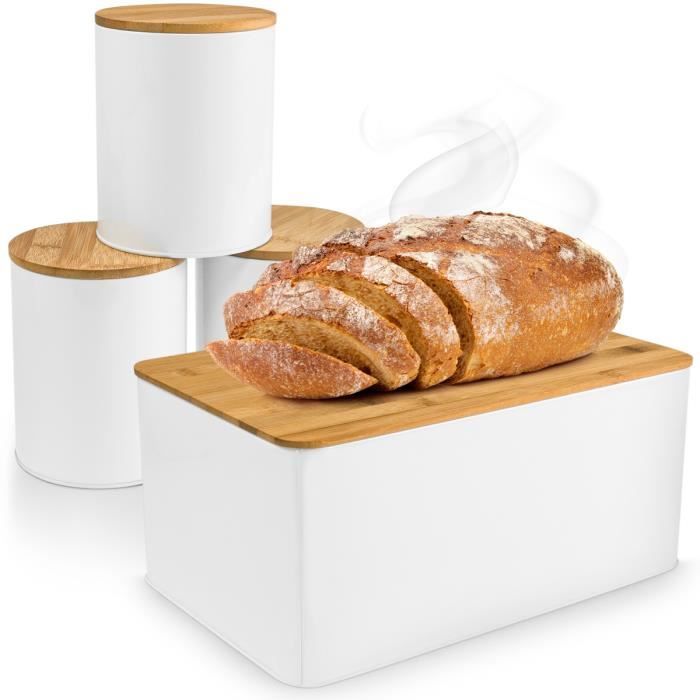 Lot de 4 rangements cuisine, boite à pain métallique avec couvercle planche à découper en bambou et 3 boites de conservation