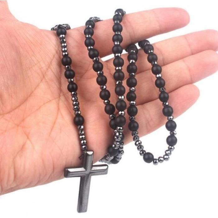 CHAPELET,AL5306BlackCollier chapelet catholique pour hommes, fait à