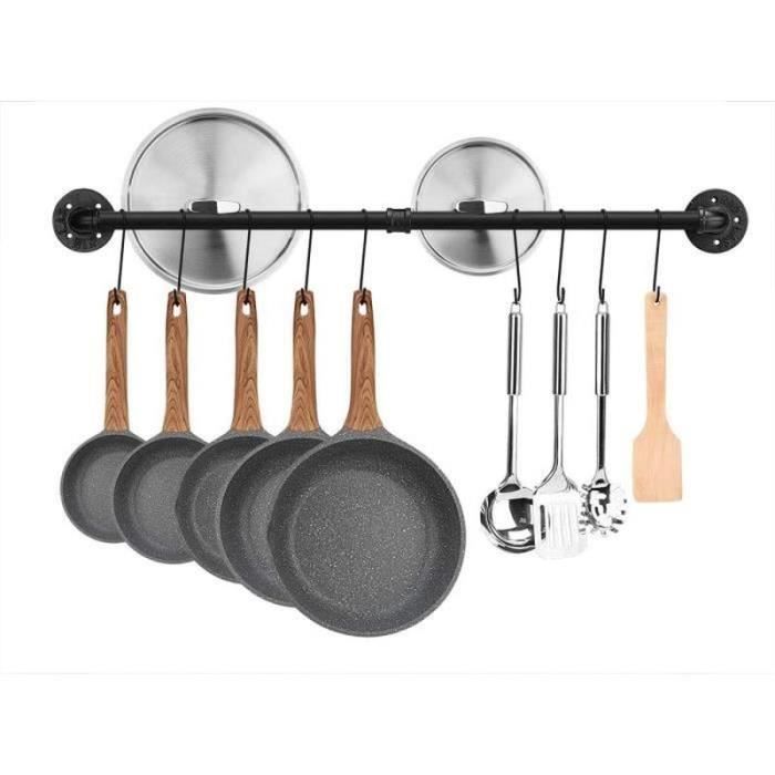 Support Mural Ustensiles Cuisine Acier Inoxydable Noir - Barre Avec 6 Crochets