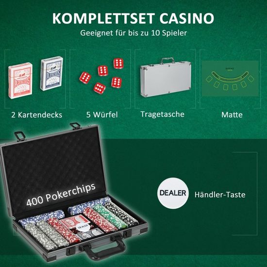 SPORTNOW Pokerkoffer Pokerset, Poker Komplett Set, 400 Chips, 11,5 Gramm | 2 Kartendecks, 5 Würfeln, Innenfächer, Dealer-Scheibe, Spielmatte, Aluminiumkoffer