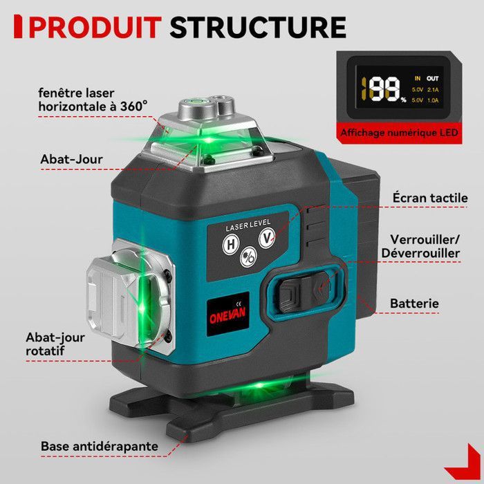 Niveau laser - ONEVAN - 4D 16 lignes - Auto-nivellement - Télécommande - Trépied 100 cm - Bricolage