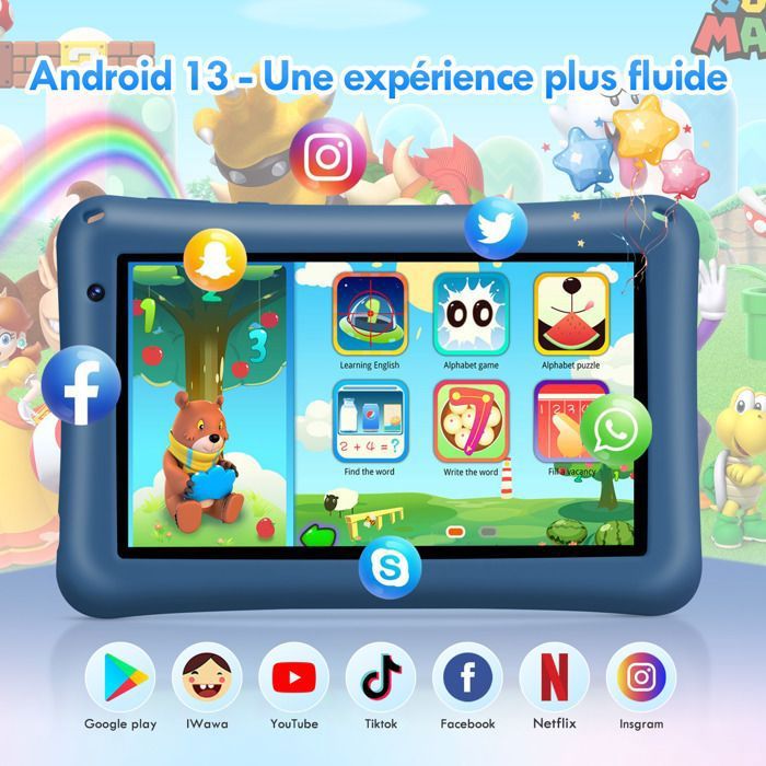 Tablette Enfants 7 Pouces Android 13, Quad Core 7Go Ram + 64Go Rom(Tf 1 To), Tablette Éducative