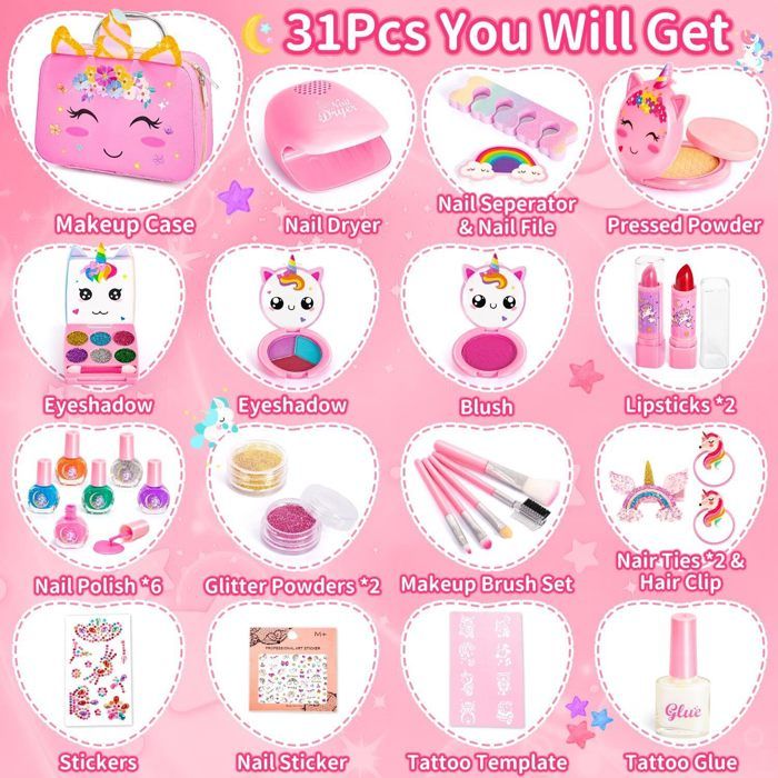 Kit de maquillage pour filles - Jouets de maquillage lavables pour filles avec trousse à Kit de maquillage pour filles - Jouets de maquillage lavables pour filles avec trousse à