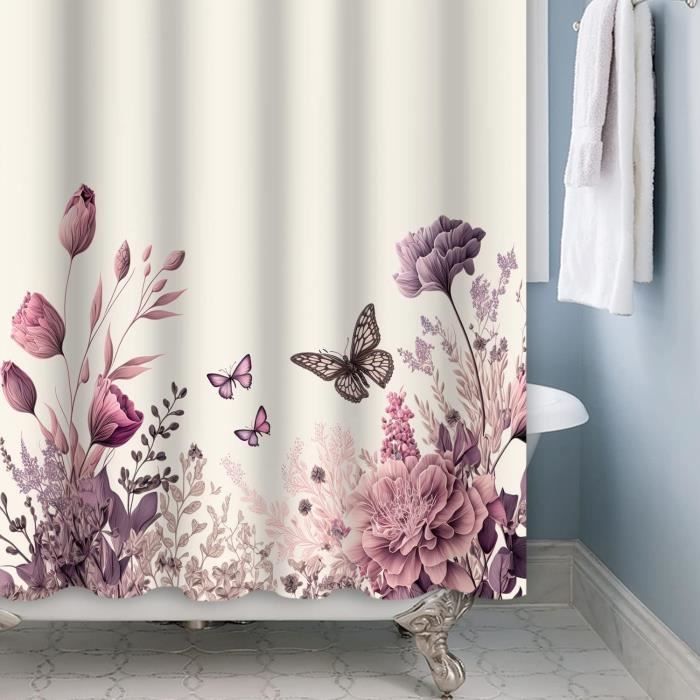 JEJOMEAG Rideau de douche en tissu avec crochets, motif nains de fleurs violettes, motif botanique, papillon, ferme, rideau de salle de bain avec
