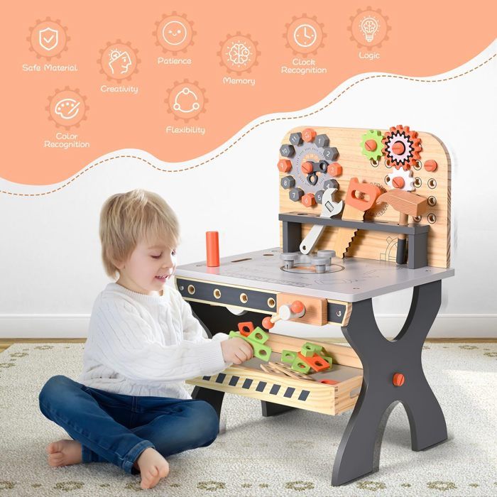 Ensemble d'outils pour enfants, établi en bois avec tablier - Établi de travail pour tout-petits avec outils réalistes - Perceuse électrique - Jouet de construction STEM - Cadeaux pour garçons et