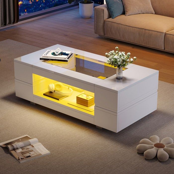 Table basse, table de salon brillante, table d'appoint avec tiroirs et touches dorées