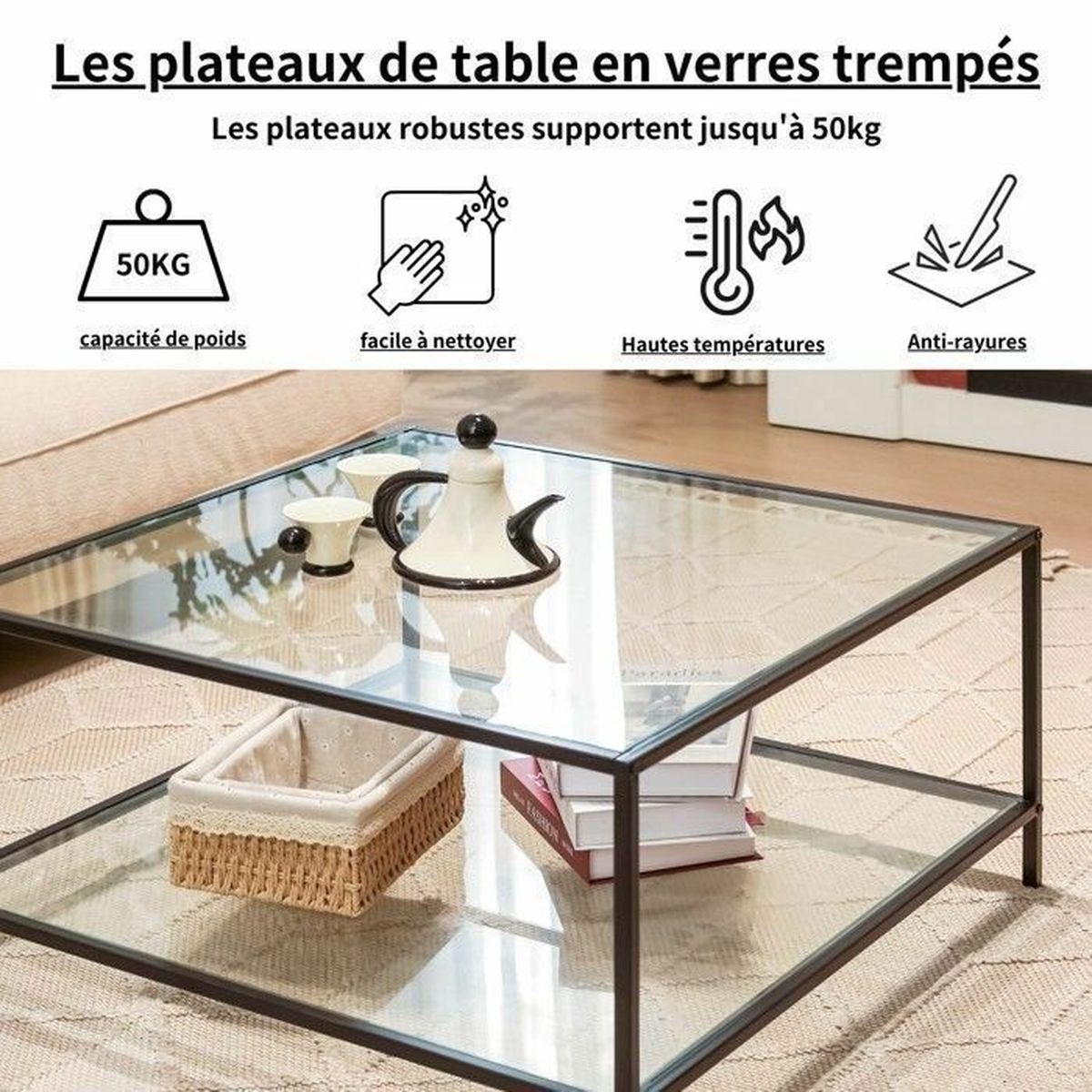 Table Basse Carree Verre Metal Noir Moderne Design 80x80x42cm