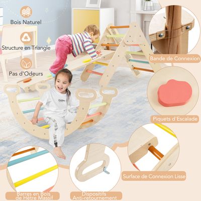 7 En 1 Triangle D'escalade Enfants Avec Rampe Réversible, Arc D Escalade Ou Bascule En Bois De Hetre