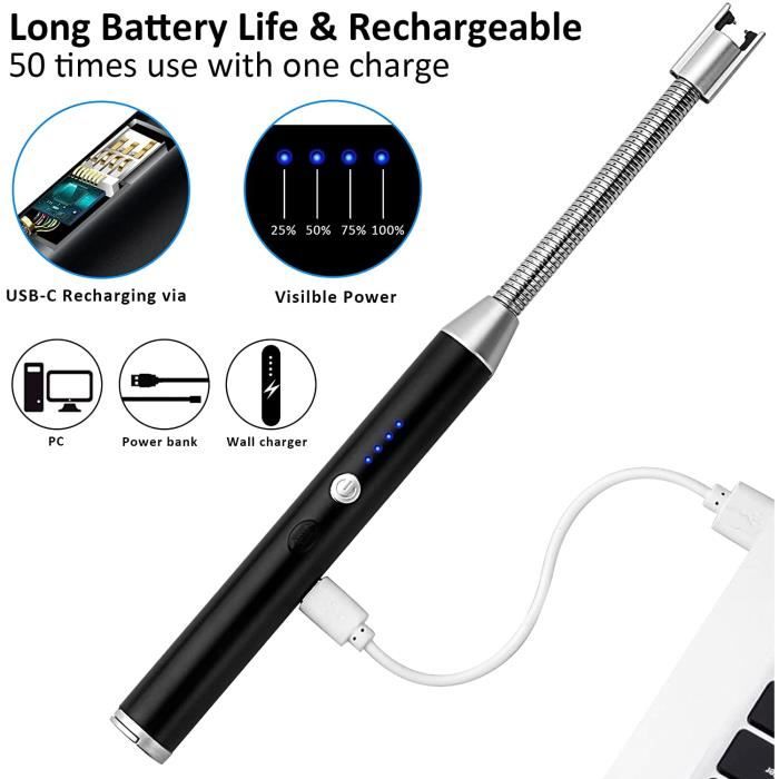 Allume-Bougie Électrique USB Rechargeable - Briquet Arc Coupe-Vent 360° Avec Affichage LED Pour Cuisine, BBQ Et Camping