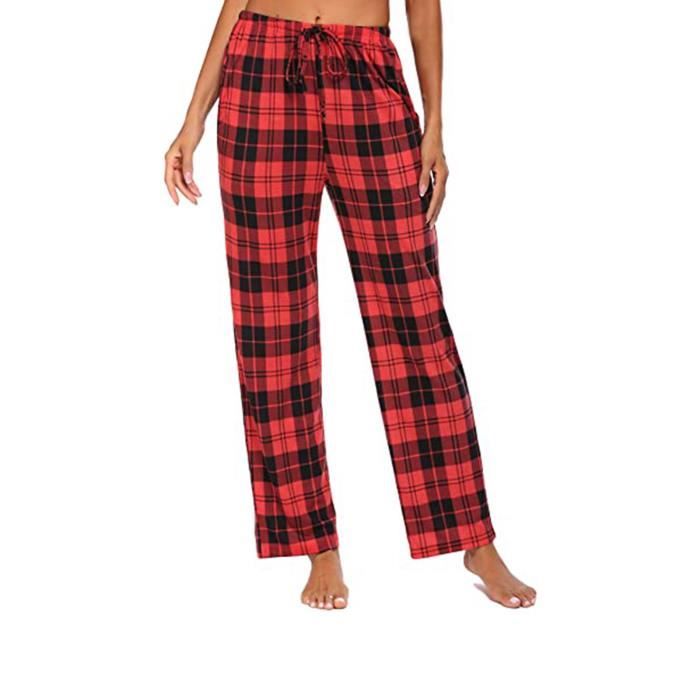 Pantalon Pyjama decontracte confortable a carreaux pour femmes Rouge Jambes larges Yoga longs