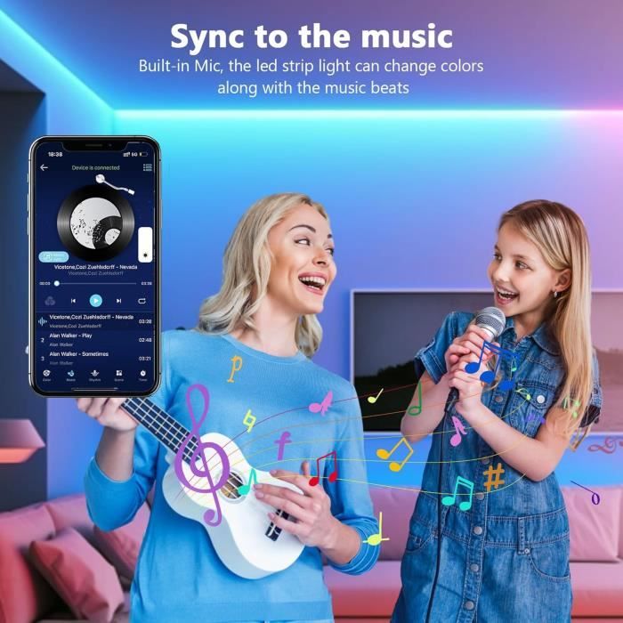 Bande LED Intérieure Voiture RGB - Contrôle Par App Bluetooth - Synchronisation Musique - USB 5V - 10